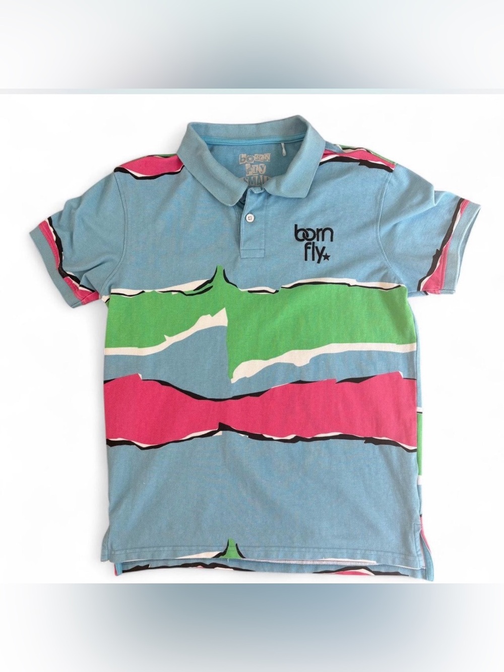 Retro Style Born Fly Men's Light Blue Abstract Colorblock Polo Shirt Size M